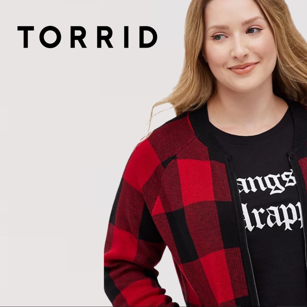 torrid Red and Black Buffalo Plaid Cardigan Sweater